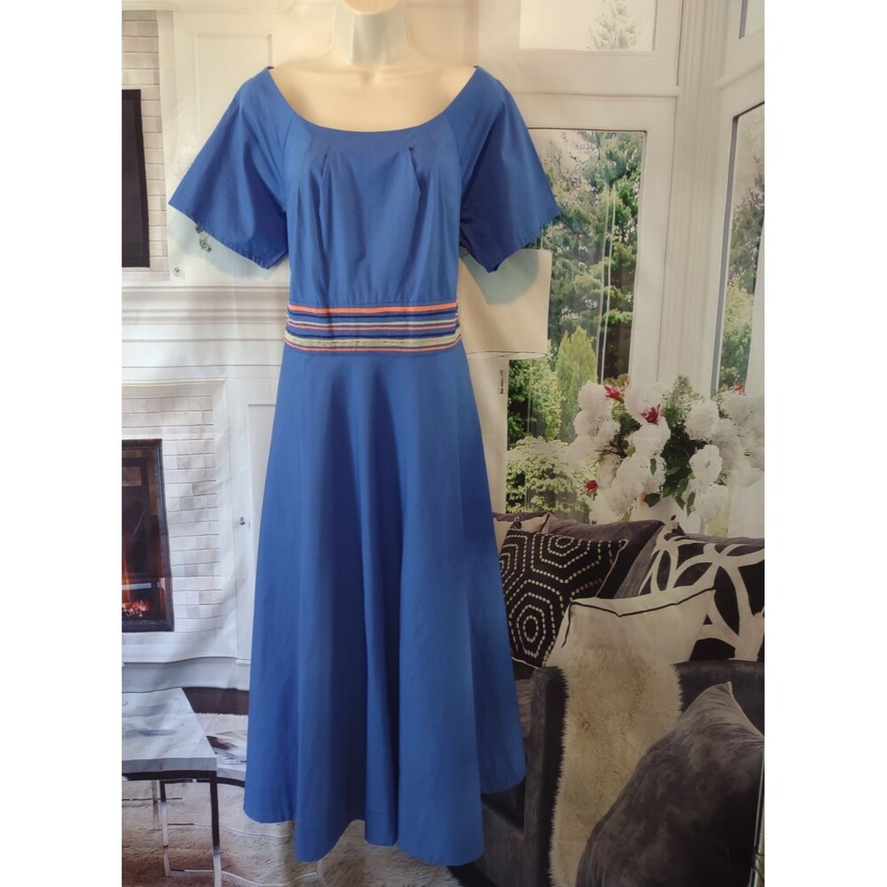 eShakti Dress Midi Size 1X 16W Embroidery Cotton Boho Peasant Hippie Office Blue